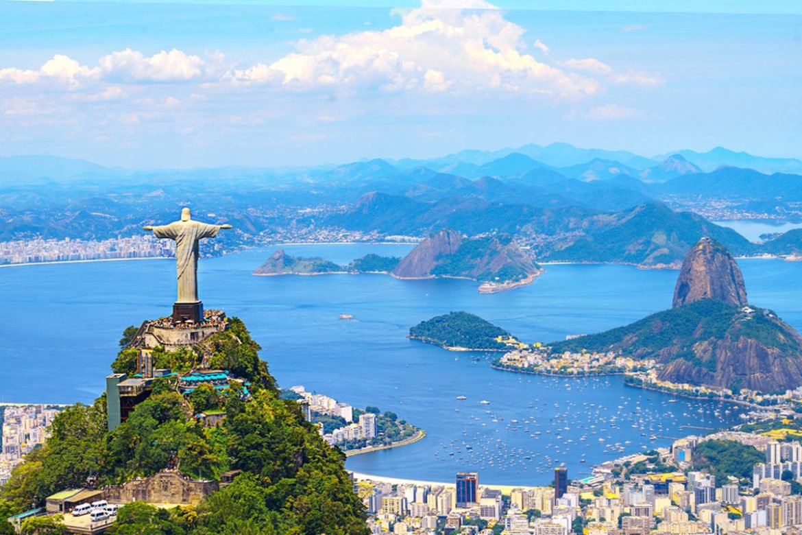 Aerial view of Rio de Janeiro with Christ Redeemer statue and Corcovado Mountain in Brazil