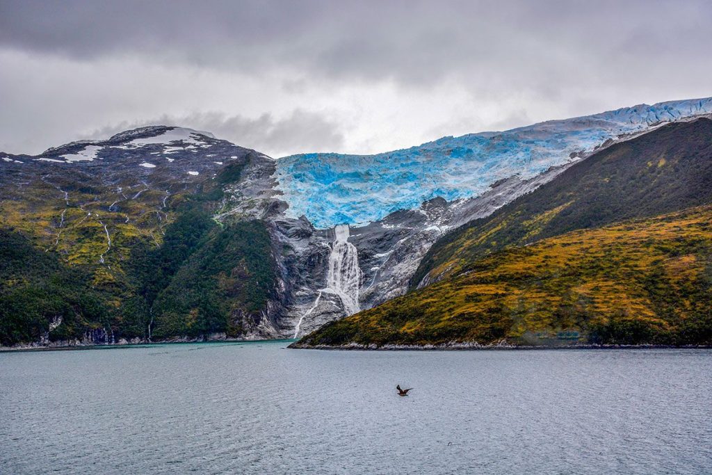View of the cascade from the Romanche glacier in Alberto de Agostini National Park, Chile.