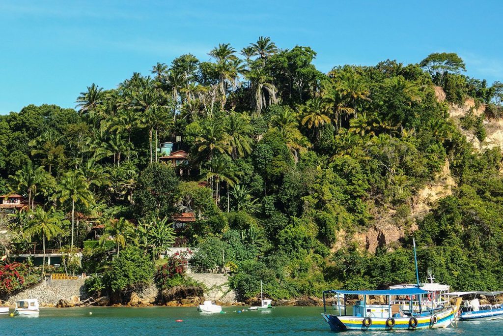 View of the turquoise waters of Ilha de Tinhare, Brazil with palm trees and boats in the background.