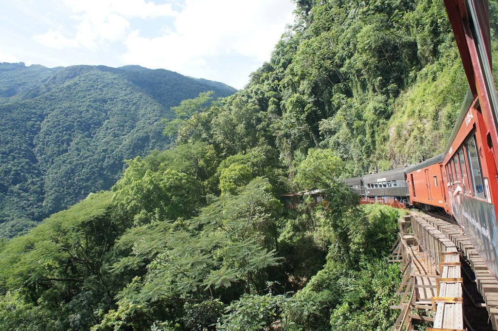 A train passing through the lush green hills of Brazil.