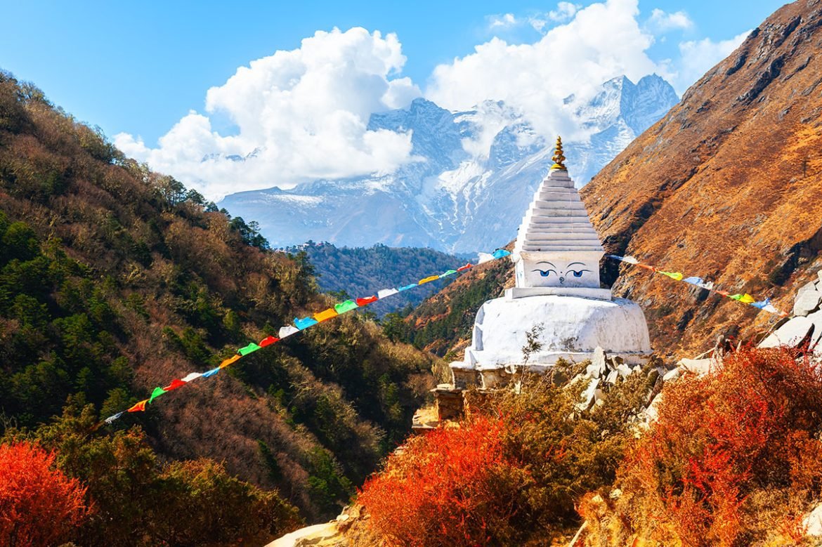 Buddhist stupa in autumn Himalaya mountains. Khumbu valley, Everest region, Nepal