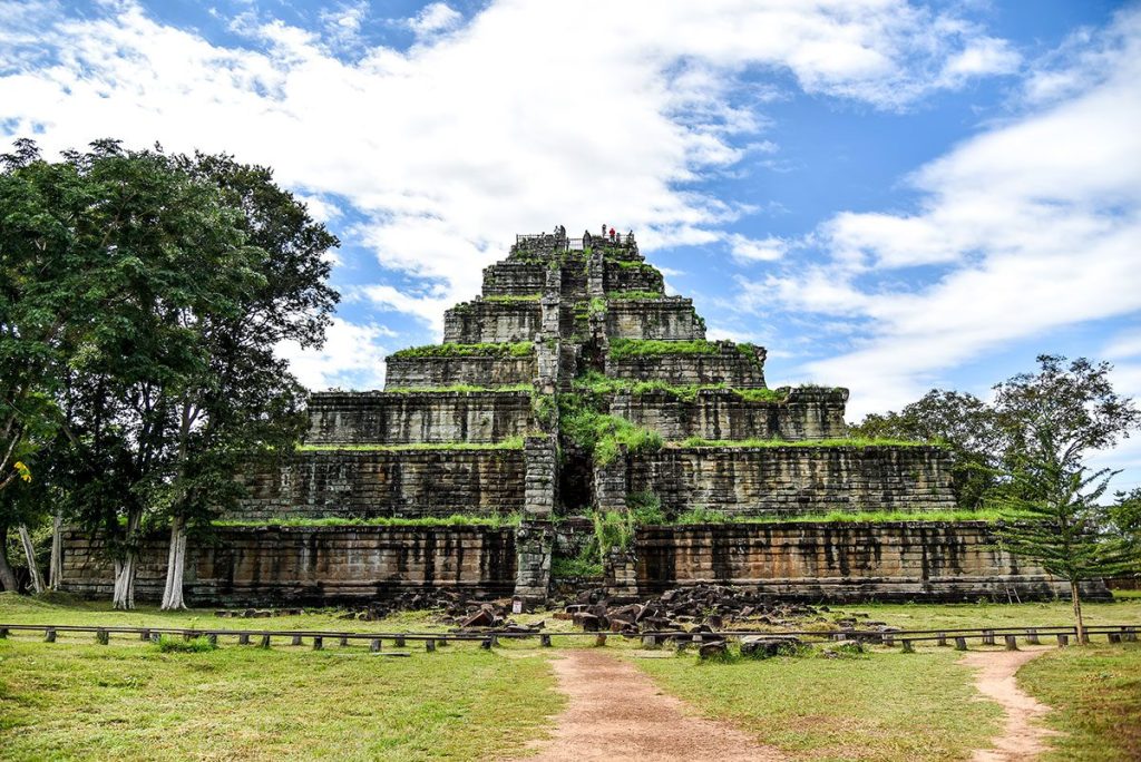 Ancient Koh Ker Pyramid castle with blue sky and white clouds in Siem Reap, Cambodia.