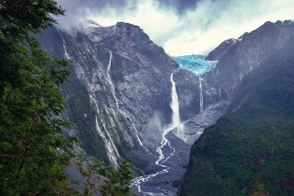 Water flowing from glacier in Queulat National Park, Chile