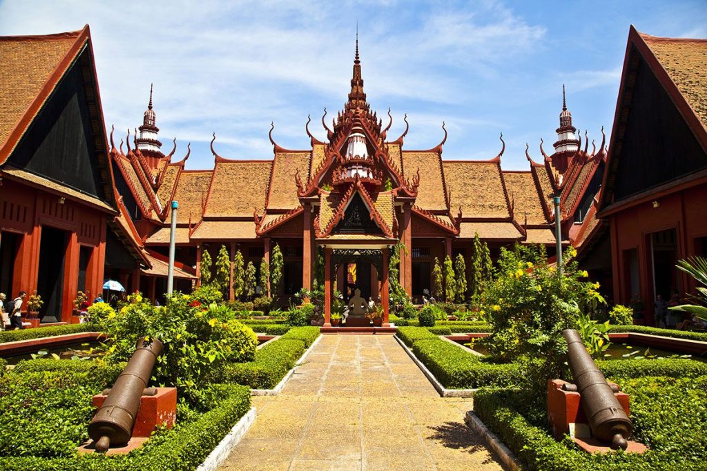 Symmetrical Khmer architecture at Cambodia's National Museum in Phnom Penh.