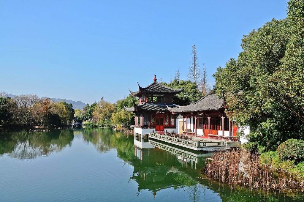 Traditional buildings by the West Lake in Hangzhou, China
