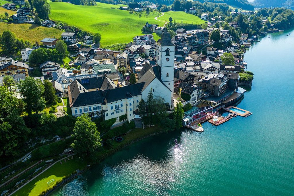 Aerial view of St. Wolfgang Kirche church and lake in Austria