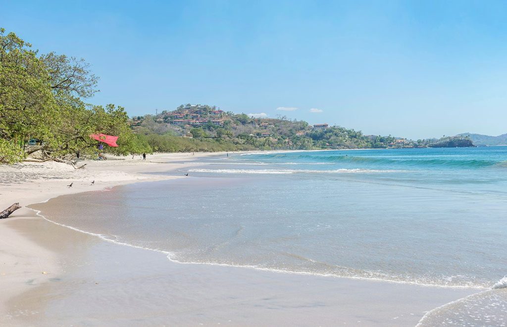 Beautiful view of Playa Flamingo with palm trees and blue sky in Guanacaste, Costa Rica