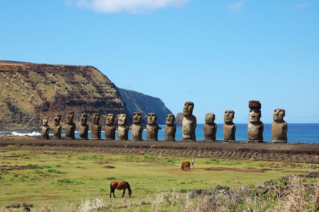 Moai statues at Ahu Tongariki, Easter Island, Chile.