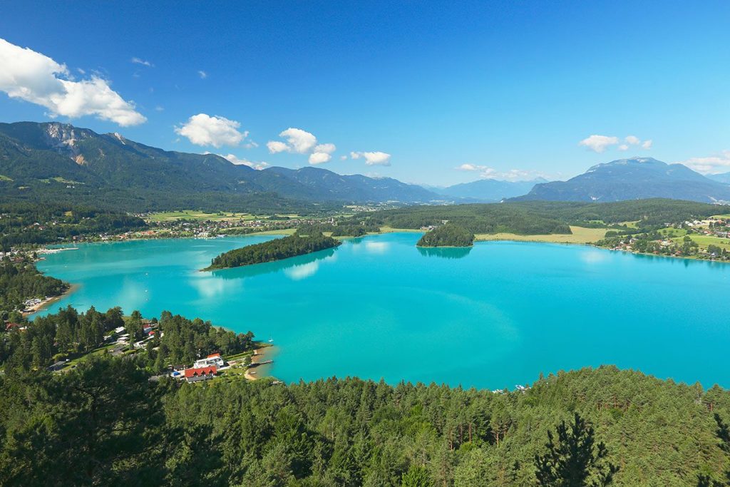 Aerial view of Faaker See lake in Austria