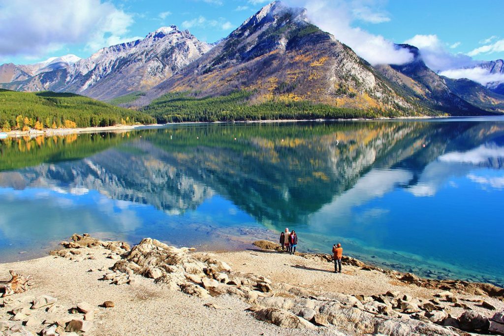 Scenic view of Minnewanka lake in Canadian Rockies in Banff, Canada.