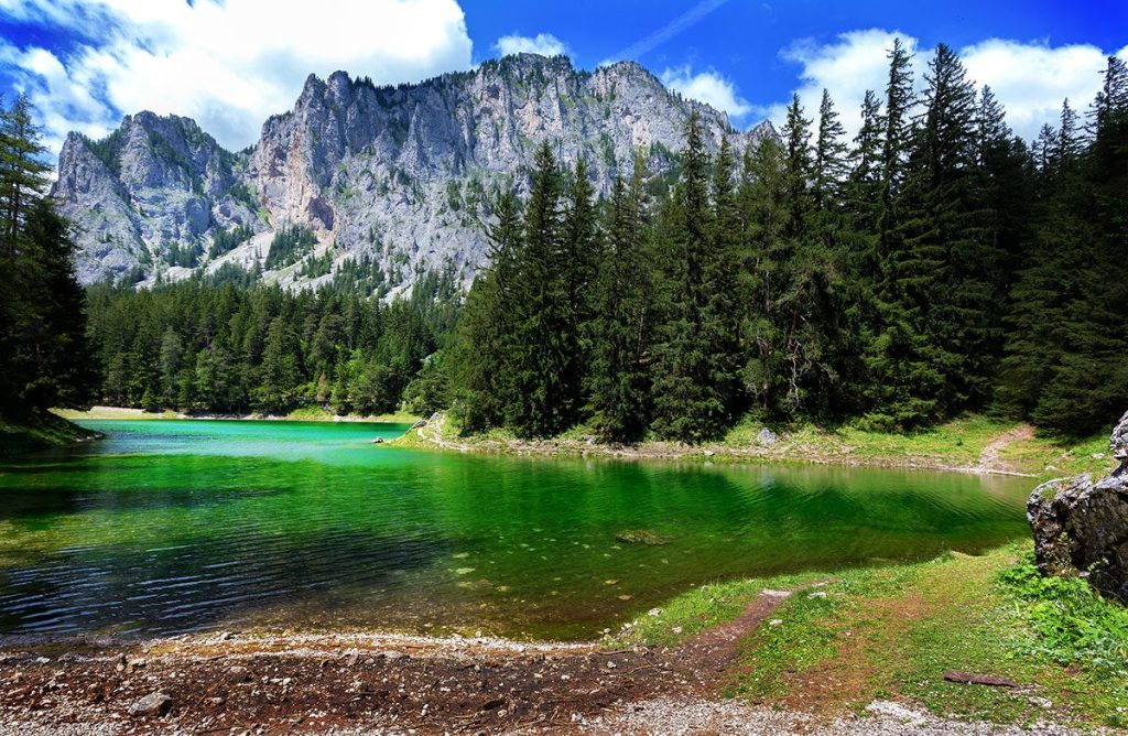 An amazing aerial view of the Gruner See, a stunning green lake with crystal-clear water.