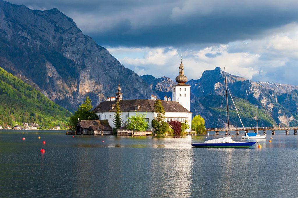 A scenic view of Gmunden Schloss Ort or Schloss Orth, situated on the picturesque Traunsee lake in Gmunden city.