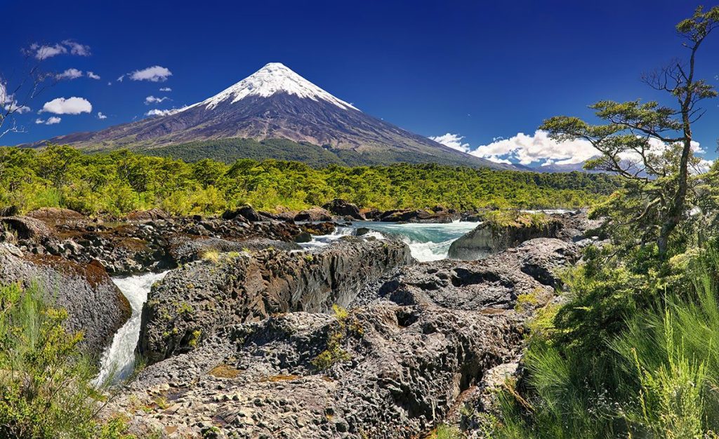 Petrohue Waterfalls in front of Volcano Osorno in Chile.