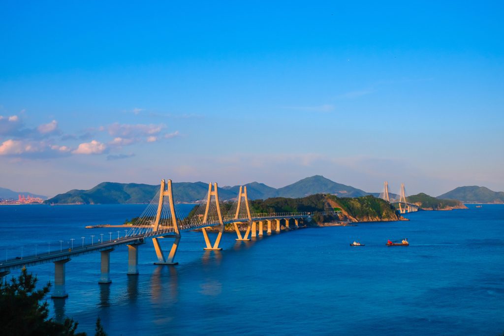 Beautiful view of Busan - Geoje Fixed Link (Geoga Bridge), South Korea. Photo by Panwasin seemala