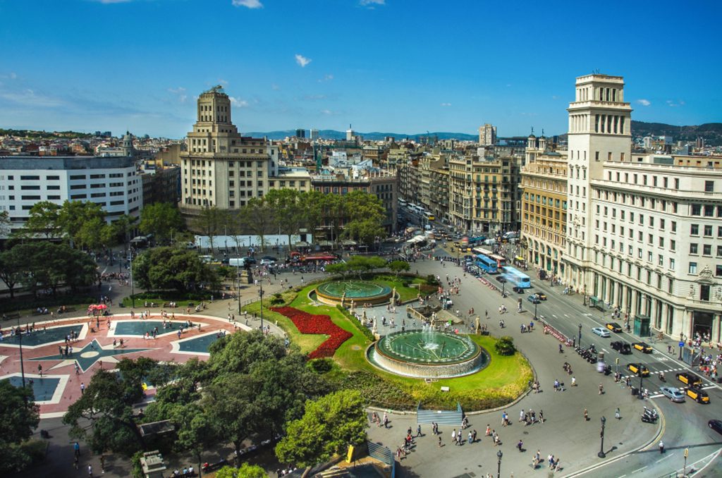 Aerial view of Placa Catalunya in Barcelona, Spain