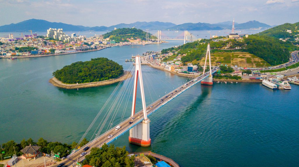 Aerial view of Yeosu city, South Korea. Aerial cityscape of Yeosu, South Korea. Photo by Panwasin seemala.