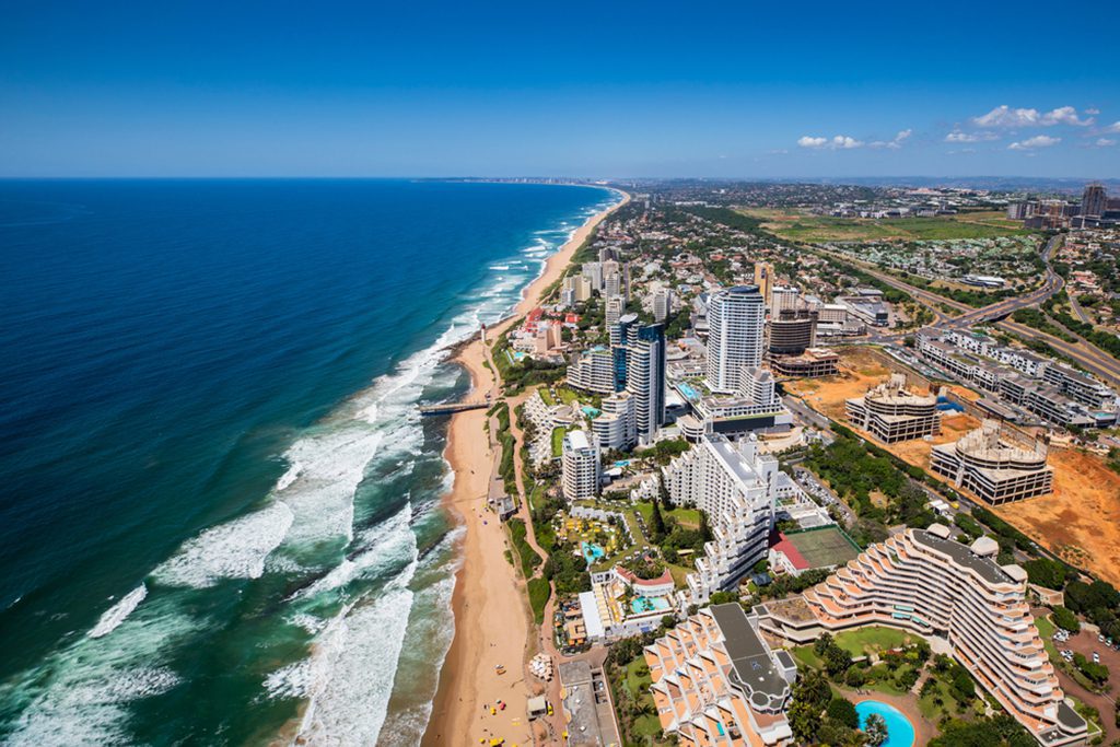 Aerial view of Umhlanga Rocks beach and coastline in Durban, South Africa.