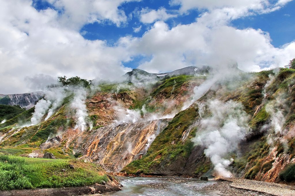 Russia. Kamchatka. The mountains and fumaroles of the Valley of Geysers.