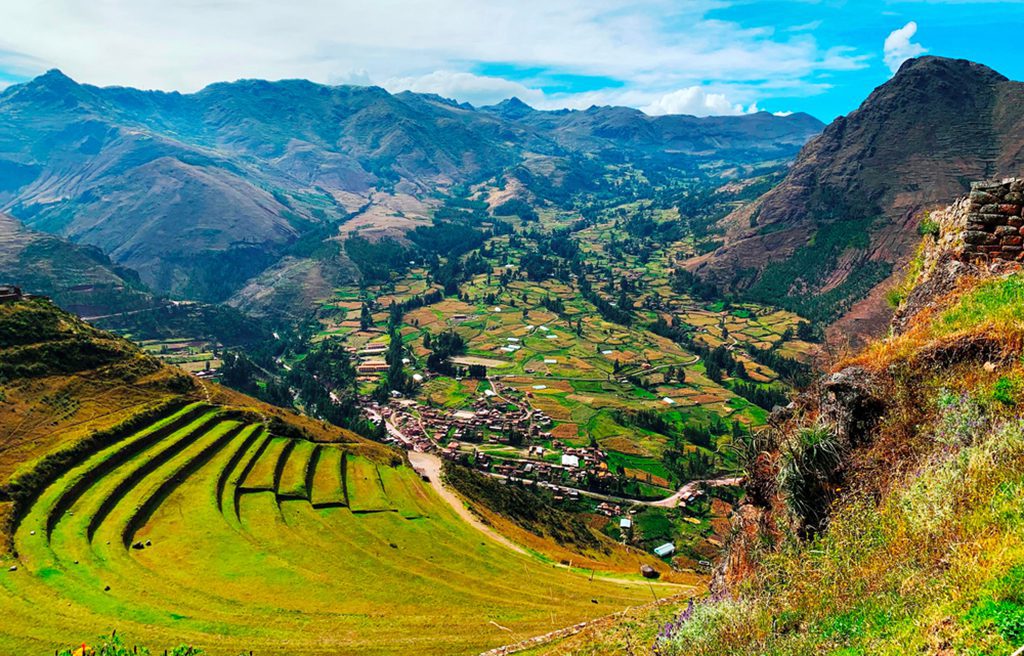 "Great Sacred Valley of Inca in Peru. Ancient green agricultural terraces Andenes. Magnificent Andes mountains landscape. Peruvian countryside scene. View on Urubamba valley. Valle Sagrado de los Incas