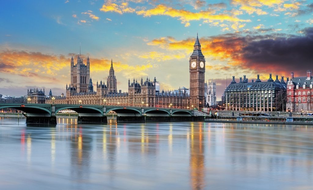 London skyline at sunset in the United Kingdom.