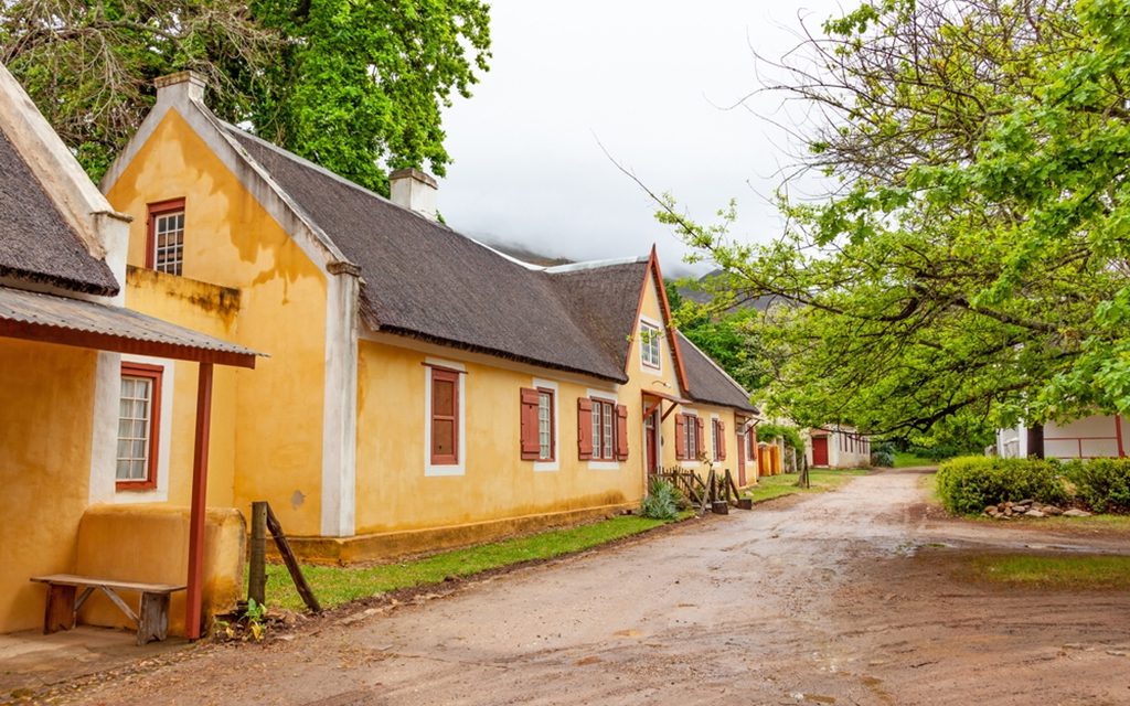 Cape Dutch style historical buildings and national monuments in Genadendal, South Africa.