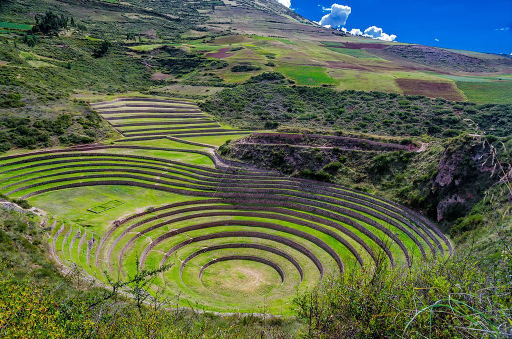 "Ruins of Moray in Peru with Inca agricultural terraces.