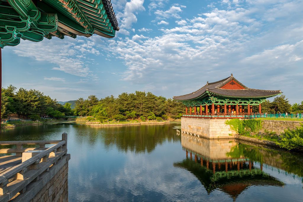 Anapji Pond pavilions reflected in water in Gyeongju, South Korea