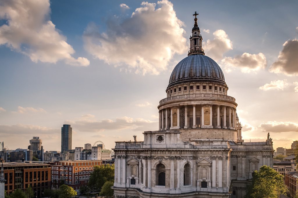 Sunset view of St. Paul's Cathedral in London, England.