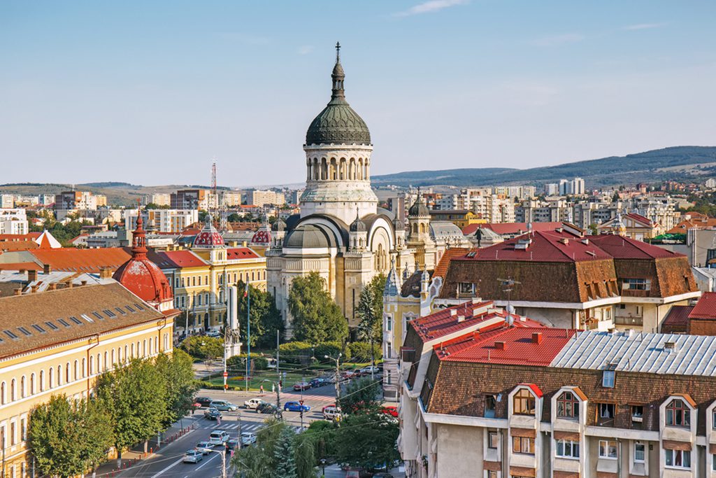 Panoramic view of Cluj Napoca with The Dormition of the Theotokos Cathedral in Transylvania, Romania.