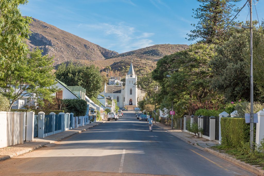 View of Church Street in Montagu, South Africa with the Dutch Reformed Church in the distance.