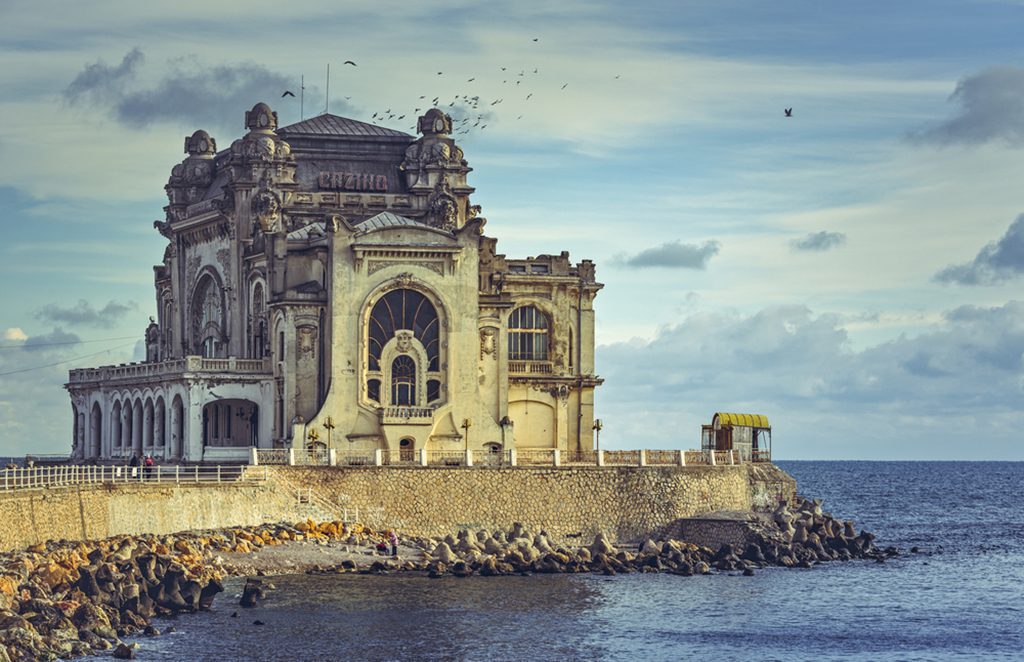 View of the historic building of the Constanta Casino on the coast of the Black Sea, Romania.