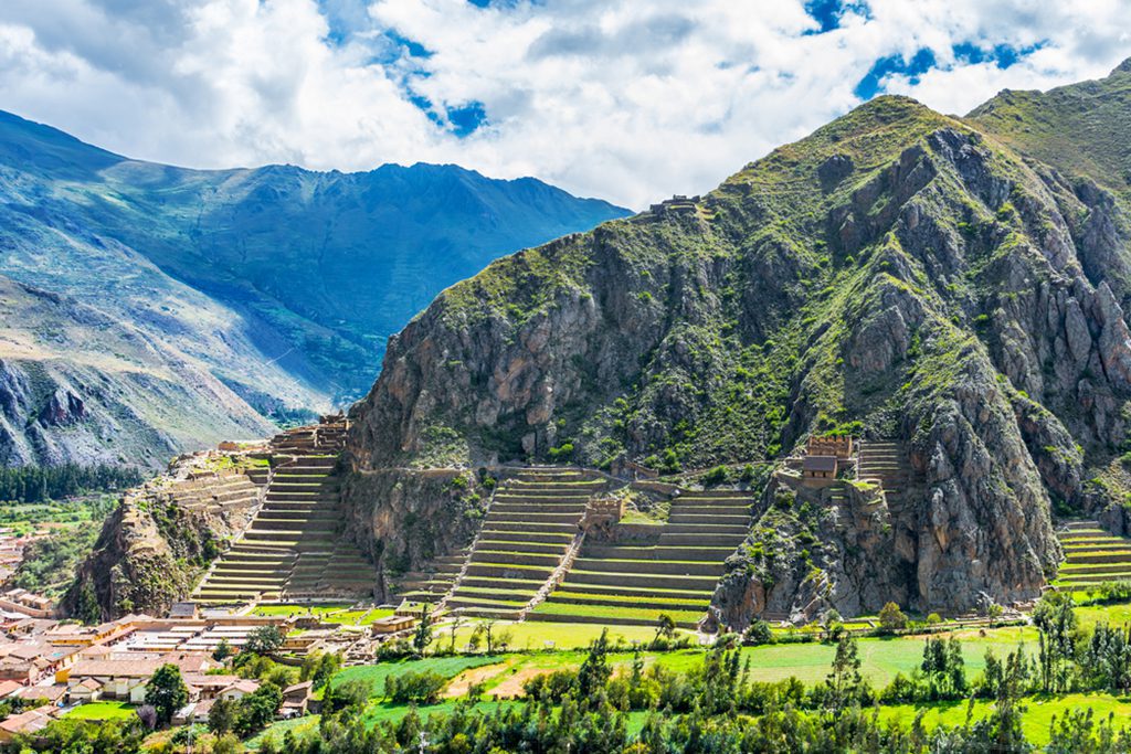 Inca Fortress with Terraces and Temple Hill in Ollantaytambo, Cusco, Peru