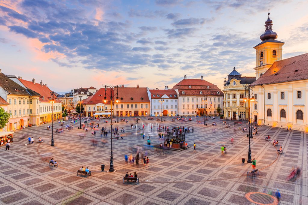 Large Square with City Hall and Brukenthal Palace in Transylvania