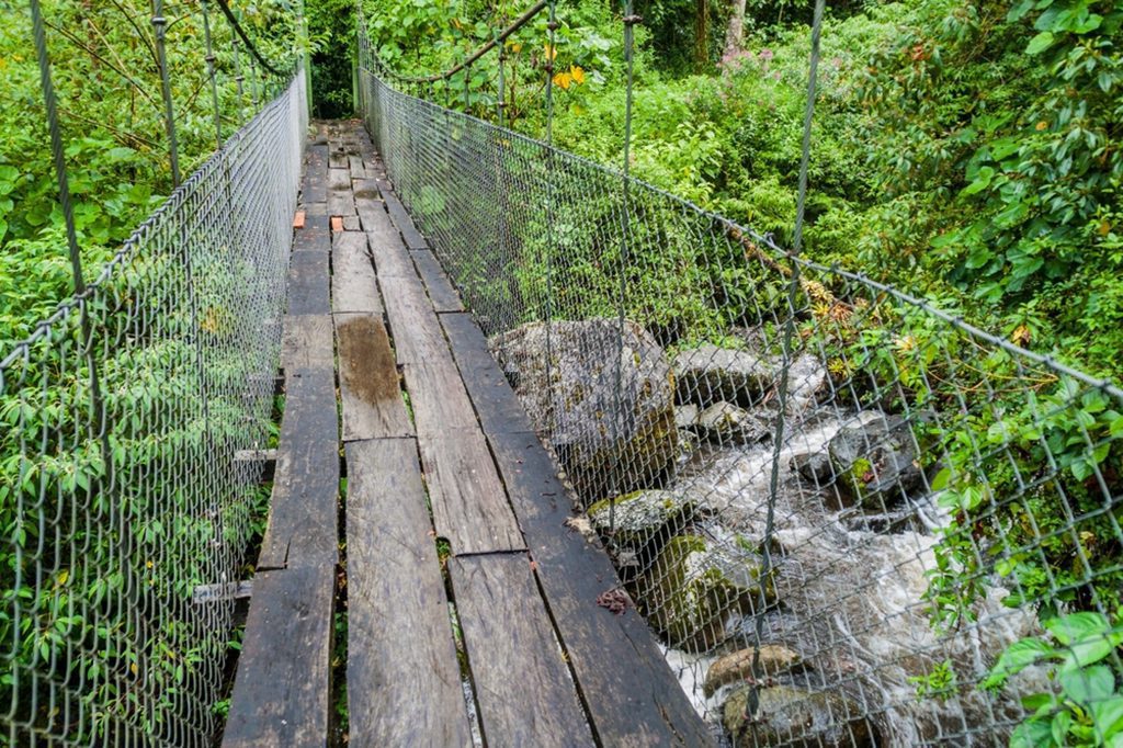 Suspension bridge at the hiking trail Sendero Los Quetzales in National Park Volcan Baru during rainy season, Panama. Photo taken by Matyas Rehak."