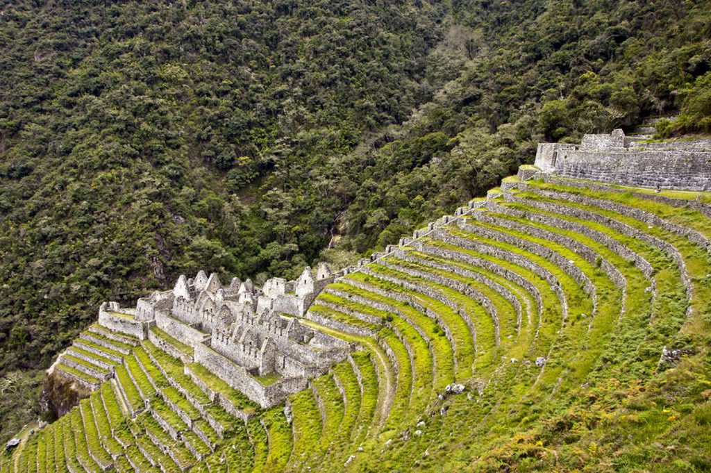 Ruins and terraces at Winay Wayna, Peru, showcasing Inca architecture and agricultural techniques.