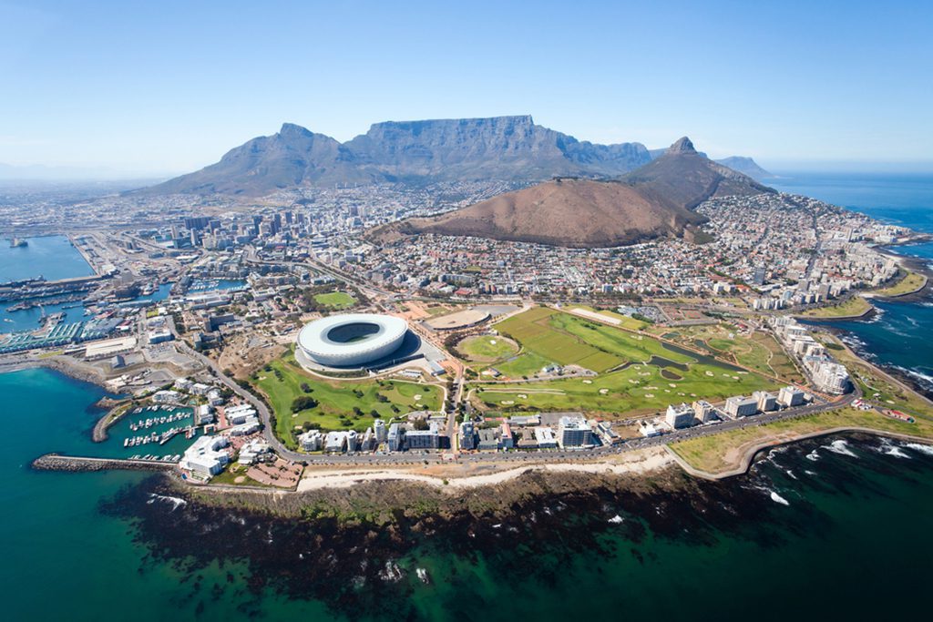 Aerial view of Cape Town, South Africa with Table Mountain in the background.