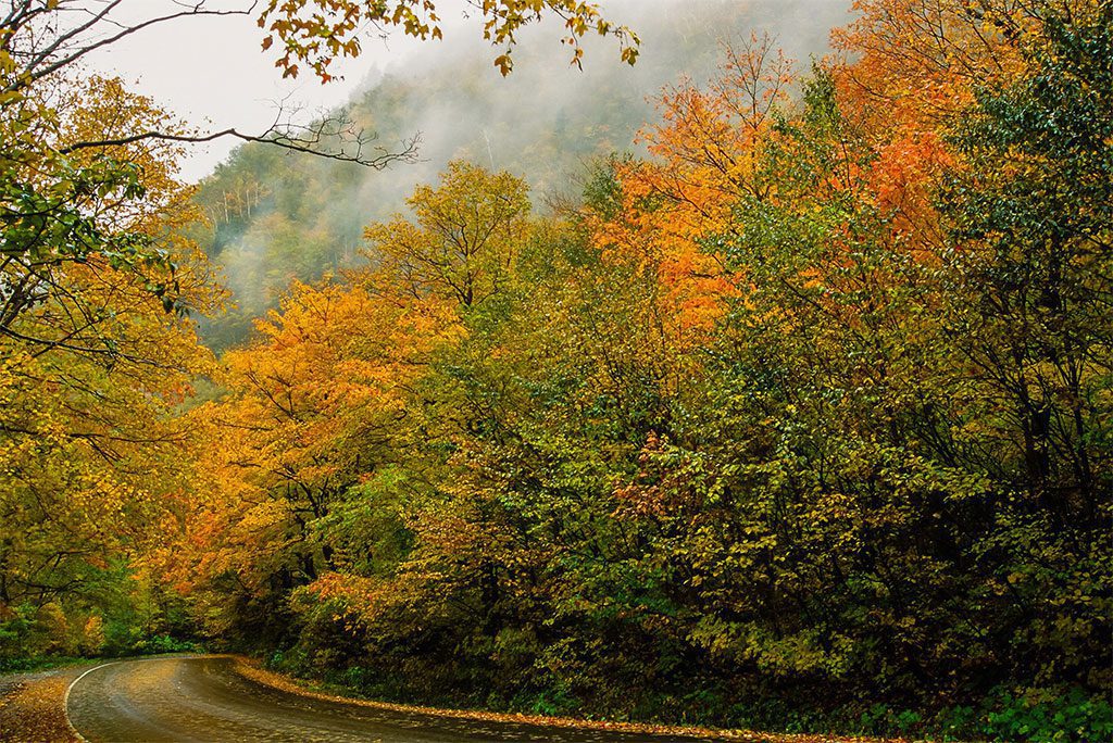 Vermont mountain road in fall.