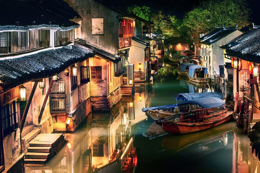 Night view of illuminated Zhouzhuang water town in Jiangsu, China