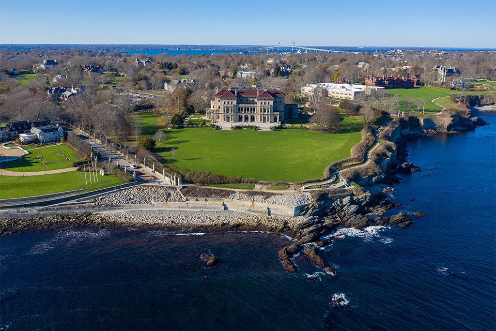 Aerial view of the Breakers Mansion and Cliff Walk in Newport, Rhode Island, USA.