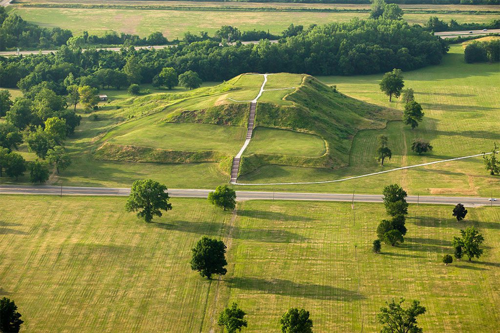 Aerial view of Cahokia Mounds in Illinois