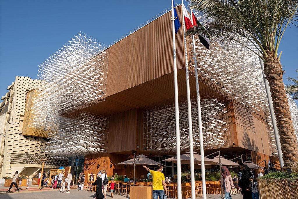 The Poland Pavilion at Expo 2020 Dubai, UAE, highlighting sustainability and future innovation.