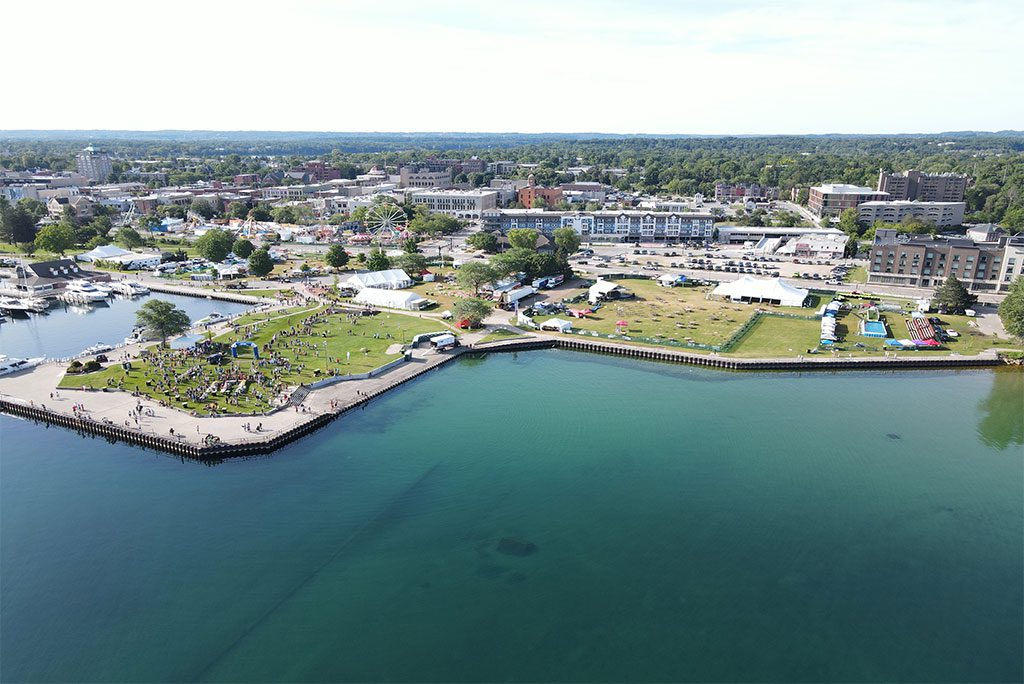Aerial view of Traverse City Michigan and Grand Traverse Bay shoreline.