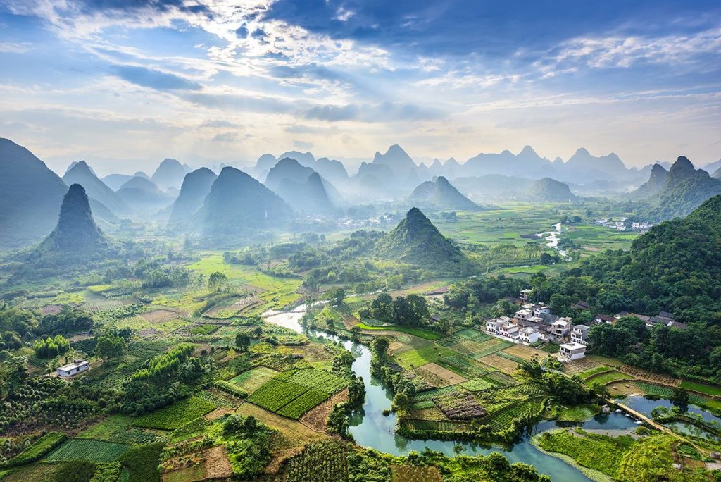 Landscape of Guilin with Li River and Karst mountains.
