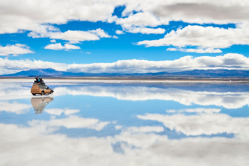 Reflection of the sky on the mirror-like surface of a salt flat