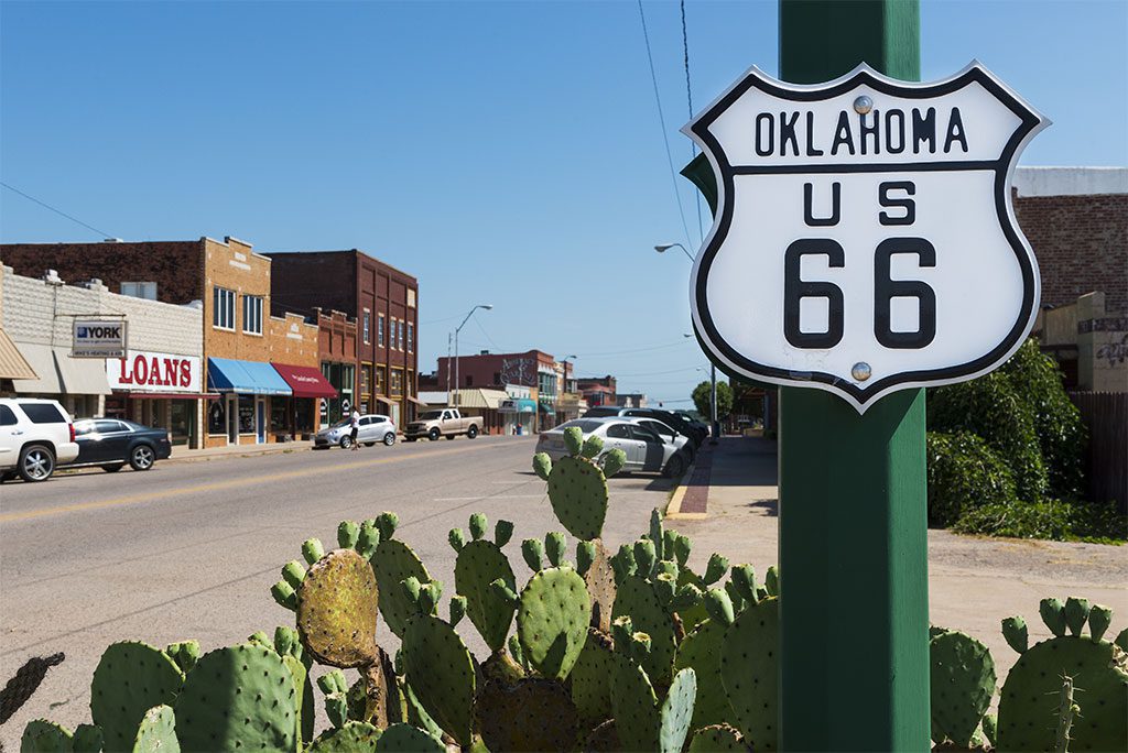 Cars driving on Route 66 in Oklahoma.