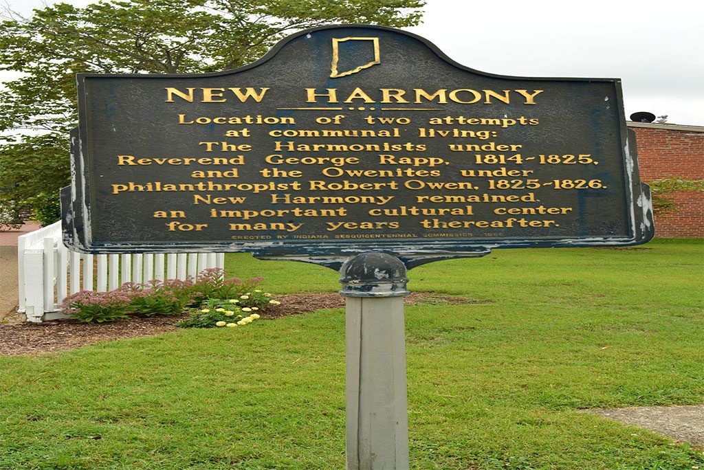 Historic landmark plaque for Communal Living communities in New Harmony, Indiana.