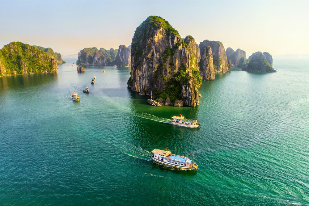 Halong Bay Floating Fishing Village and Rock Island Aerial View