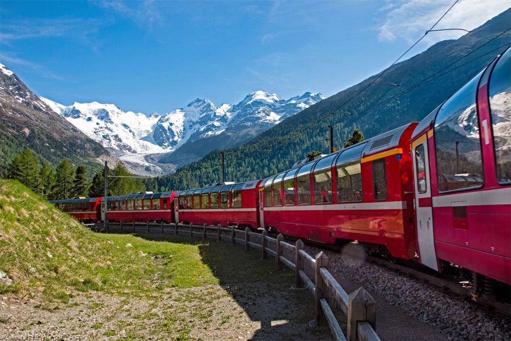 Bernina Express train in Swiss Alps