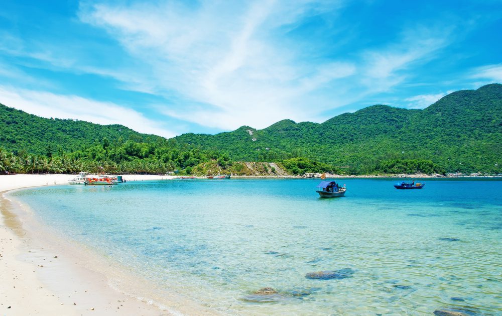 Beautiful view of Cham islands, Vietnam with crystal clear water and blue sky