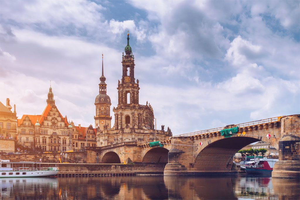Dresden City Skyline at Elbe River and Augustus Bridge